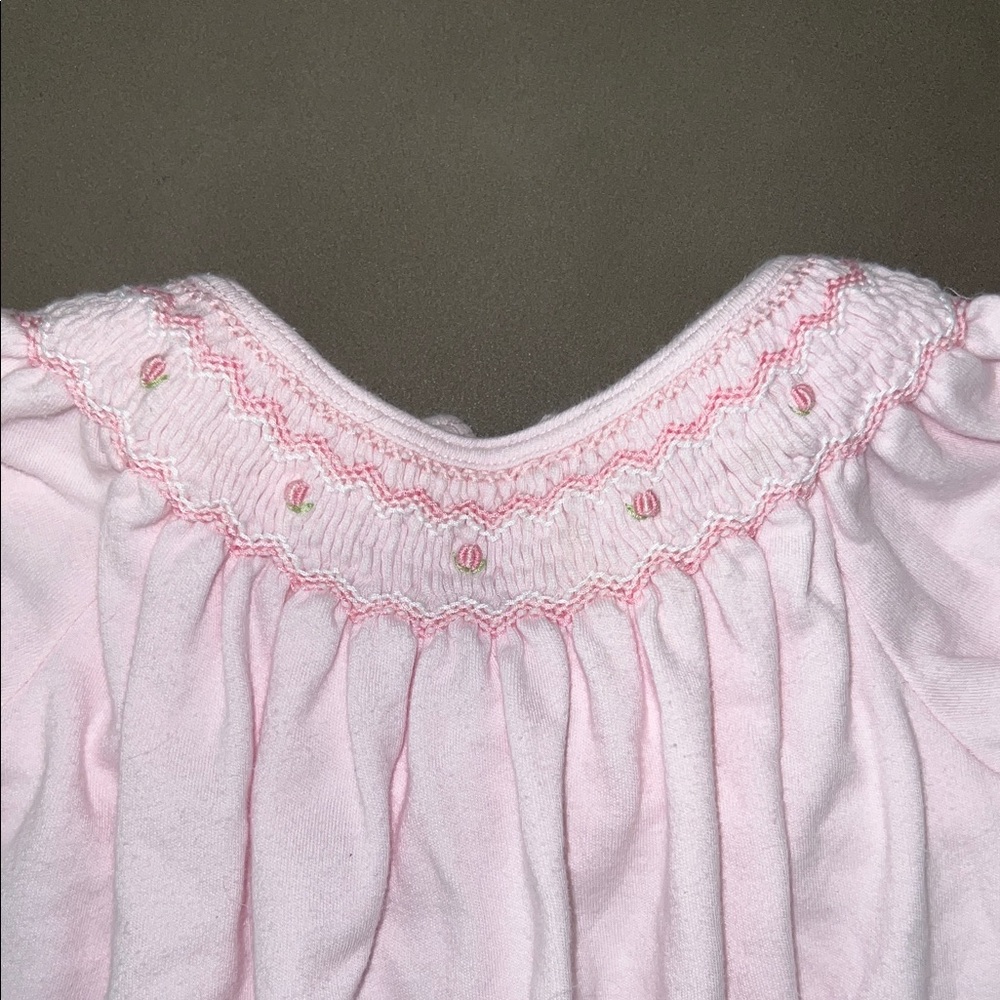 Pink Baby Bubble Romper with Smocked Detail and Embroidered Flowers - Picture 2 of 5